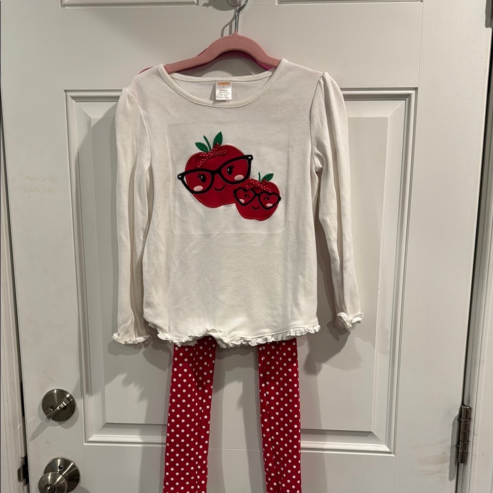 Gymboree White and Red Kids Pants and Long-sleeve with Apple Design